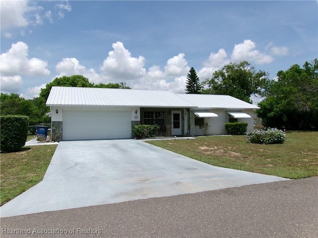 1618 Roberta Ave, Sebring, FL 33870 - ranch-style home with an attached garage, a front lawn, driveway, stucco siding, and a metal roof