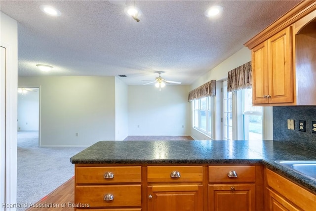 kitchen with decorative backsplash, ceiling fan, a textured ceiling, light colored carpet, and kitchen peninsula