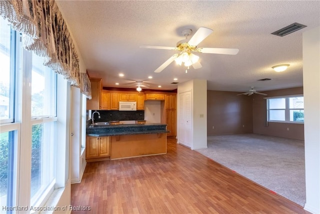 kitchen featuring sink, a textured ceiling, tasteful backsplash, light hardwood / wood-style floors, and kitchen peninsula