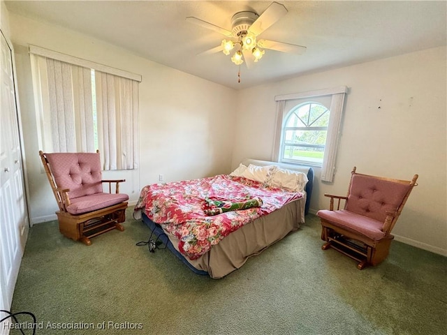 bedroom featuring carpet floors, ceiling fan, and baseboards