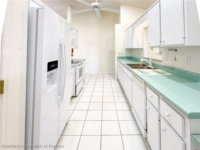 120 Honeycomb Ave, Lake Placid, FL 33852 - kitchen featuring white appliances, light tile patterned floors, a ceiling fan, a sink, and backsplash
