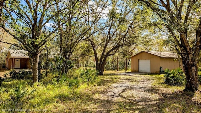 view of yard with a garage and an outdoor structure