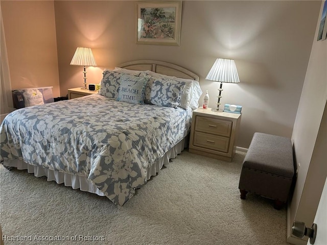 bedroom featuring light colored carpet