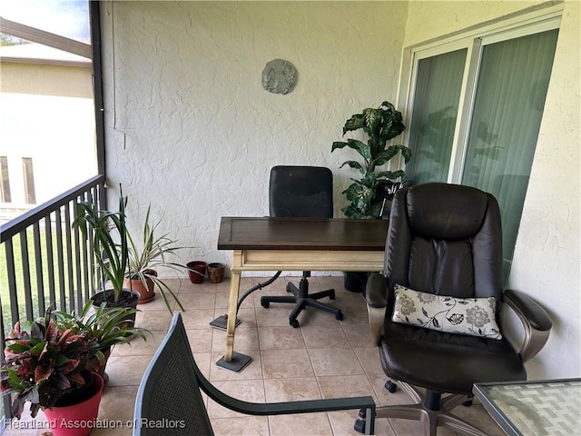 tiled office with a textured wall