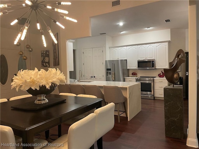 kitchen with visible vents, a sink, appliances with stainless steel finishes, white cabinets, and dark wood-style flooring