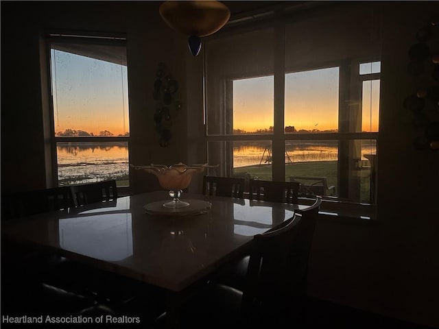 dining area with a water view