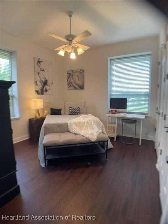 bedroom featuring multiple windows, wood finished floors, and baseboards
