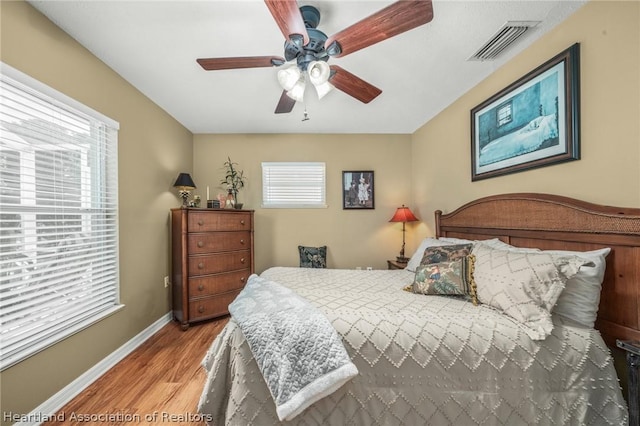 bedroom with ceiling fan and wood-type flooring