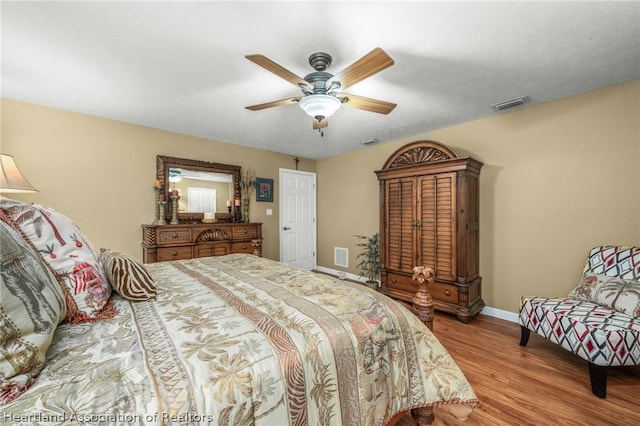 bedroom featuring ceiling fan and light hardwood / wood-style floors