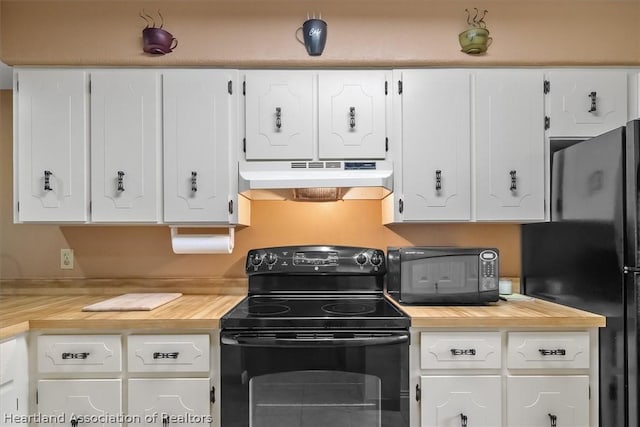 kitchen with white cabinets and black appliances