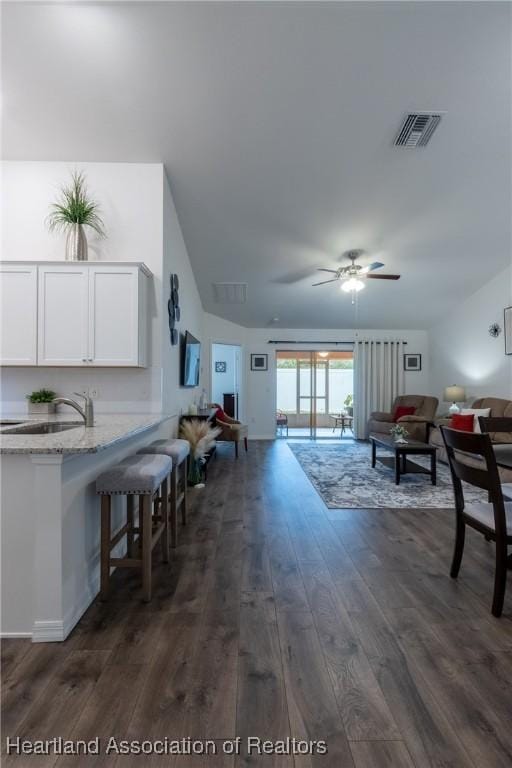 living room with ceiling fan, dark wood-type flooring, and sink