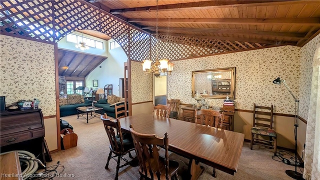 dining area with vaulted ceiling with beams, wood ceiling, and light colored carpet