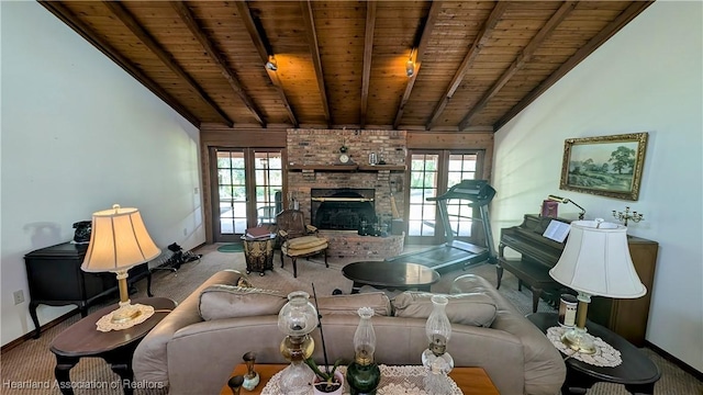 living room featuring a brick fireplace, wood ceiling, lofted ceiling with beams, and carpet flooring