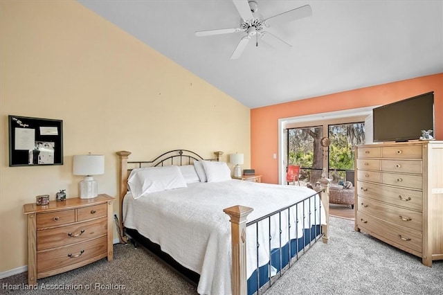 bedroom with access to exterior, carpet flooring, vaulted ceiling, and ceiling fan