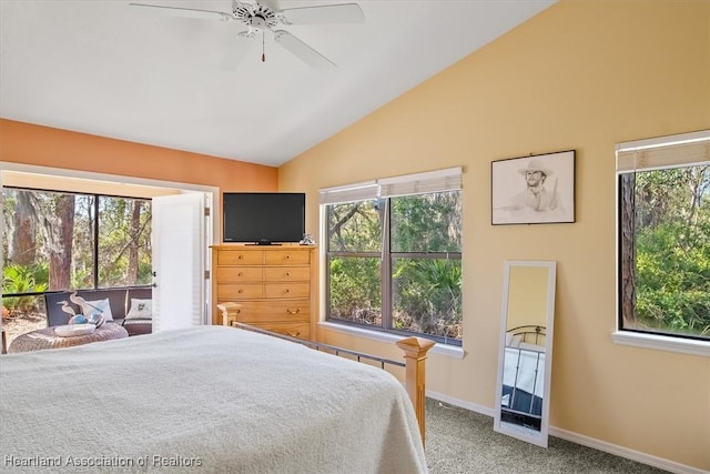 bedroom featuring lofted ceiling, multiple windows, carpet flooring, and baseboards