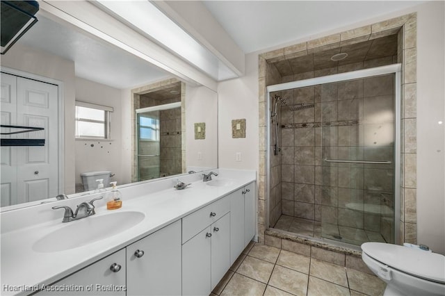 bathroom featuring tile patterned floors, a shower with door, toilet, and vanity