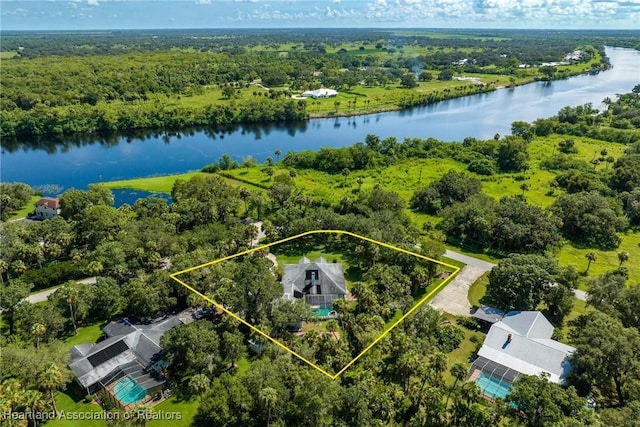 birds eye view of property with a forest view and a water view