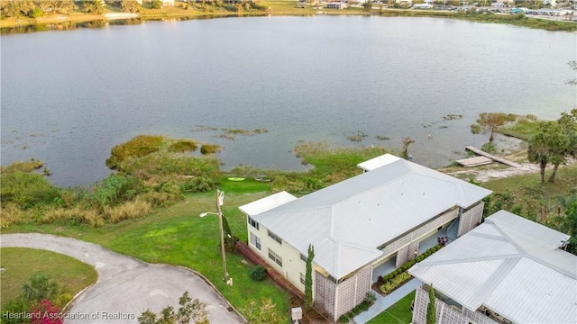 drone / aerial view with a water view