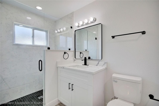 bathroom with vanity, toilet, and a shower with shower door