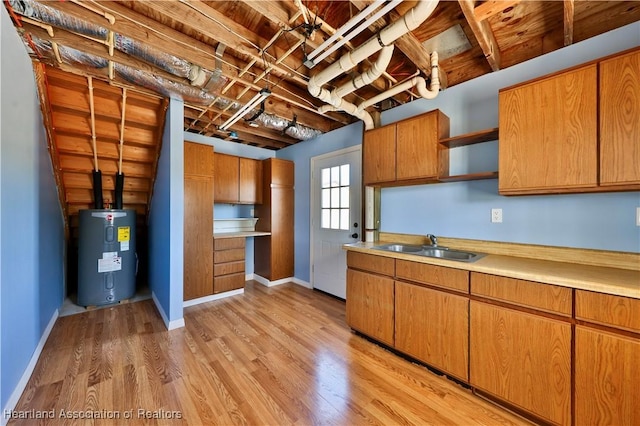 kitchen featuring sink, light hardwood / wood-style floors, and water heater