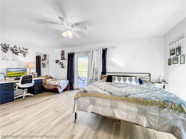 bedroom featuring ceiling fan, access to outside, and light hardwood / wood-style flooring