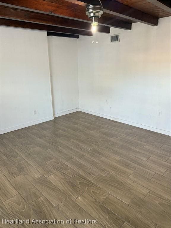 unfurnished room with beamed ceiling, a ceiling fan, visible vents, wood ceiling, and wood finished floors