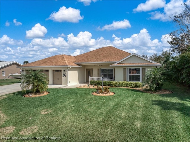 single story home with a garage, covered porch, and a front lawn