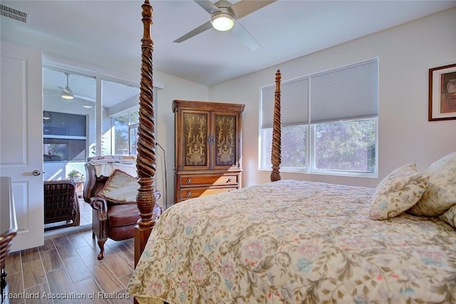 bedroom featuring wood-type flooring and ceiling fan