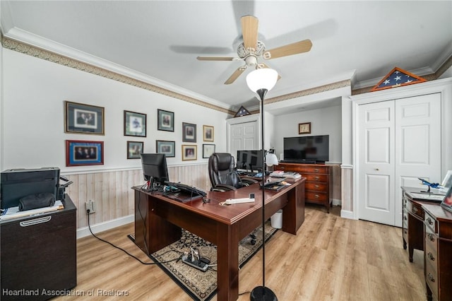 office space with ceiling fan, light hardwood / wood-style floors, and ornamental molding