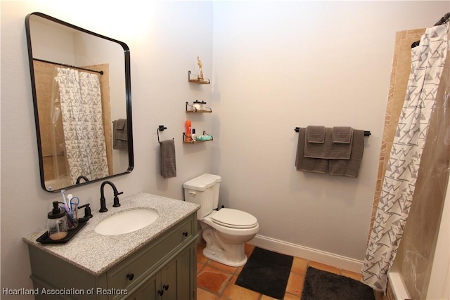 bathroom with tile patterned floors, walk in shower, vanity, and toilet