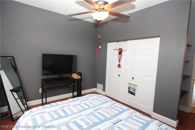 bedroom featuring ceiling fan, a closet, and hardwood / wood-style flooring