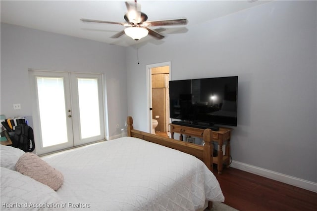 bedroom featuring access to outside, french doors, ensuite bath, ceiling fan, and wood-type flooring