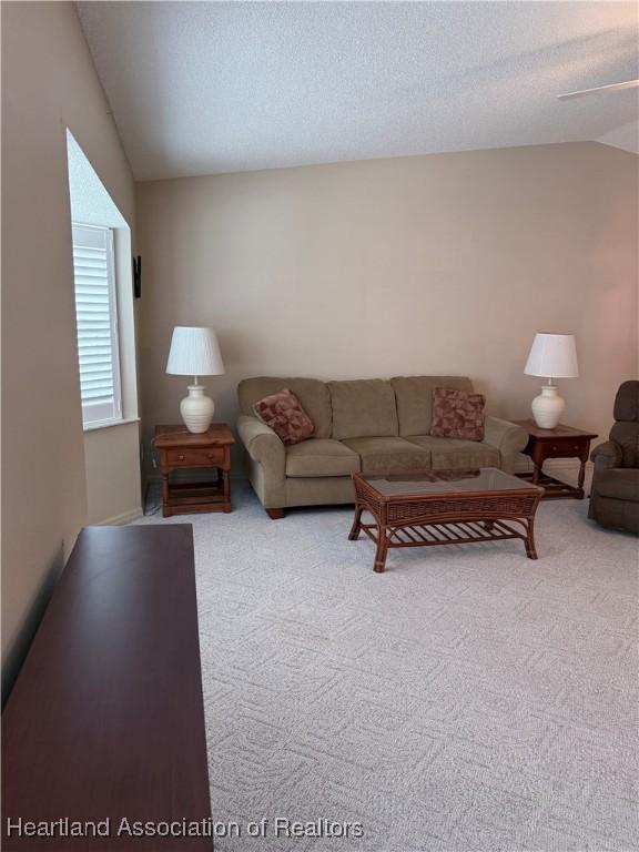 carpeted living room featuring vaulted ceiling and a textured ceiling