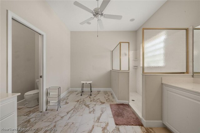 full bath with marble finish floor, toilet, baseboards, ceiling fan, and a walk in shower