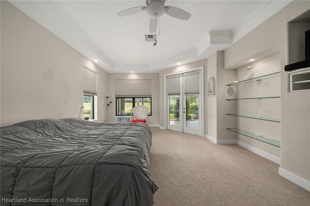 carpeted bedroom with crown molding, baseboards, multiple windows, and recessed lighting