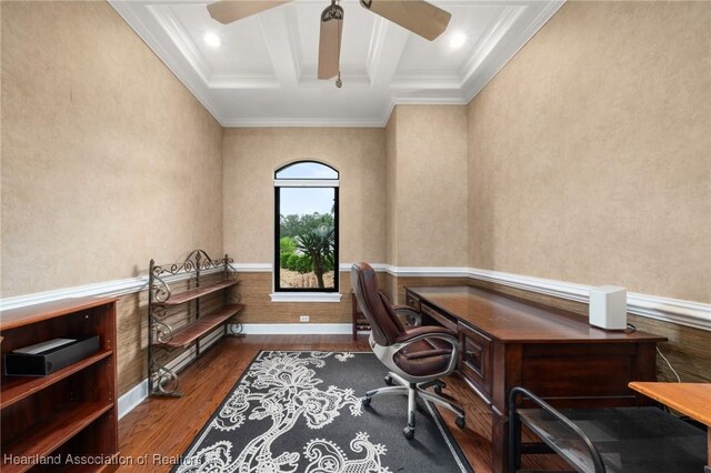office space with crown molding, ceiling fan, beam ceiling, wood finished floors, and coffered ceiling