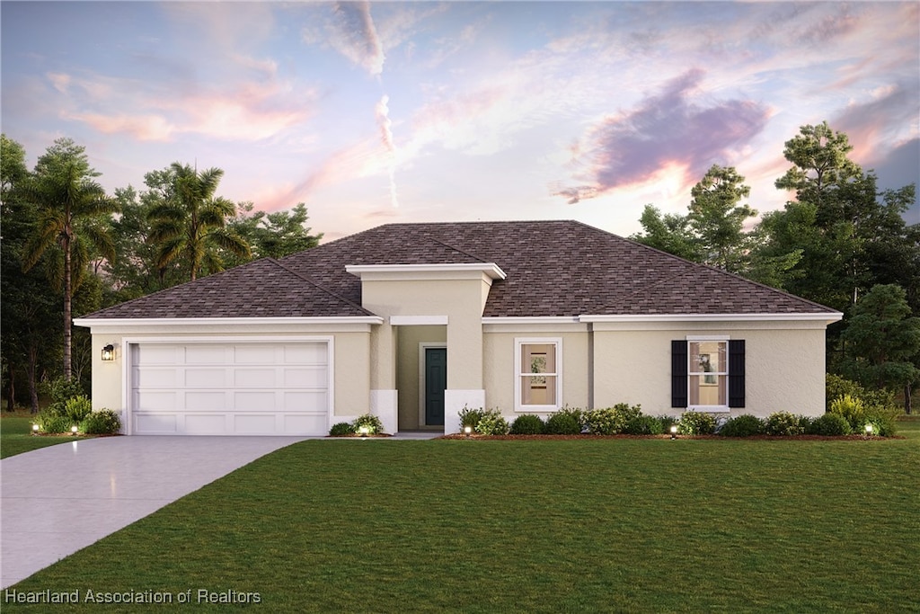 705 Oak Hammock Ct, Avon Park, FL 33825 - view of front of property featuring concrete driveway, a front yard, an attached garage, stucco siding, and a shingled roof
