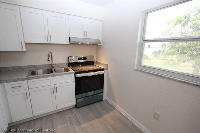 kitchen featuring white cabinets, electric stove, and sink