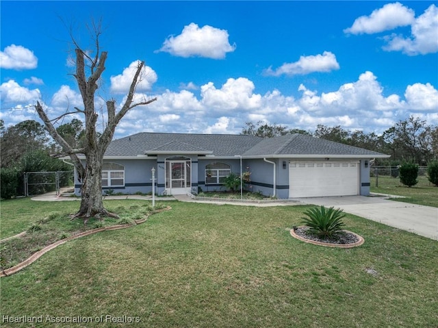 ranch-style house with a front yard and a garage