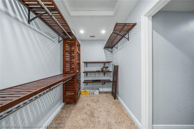 walk in closet with carpet flooring