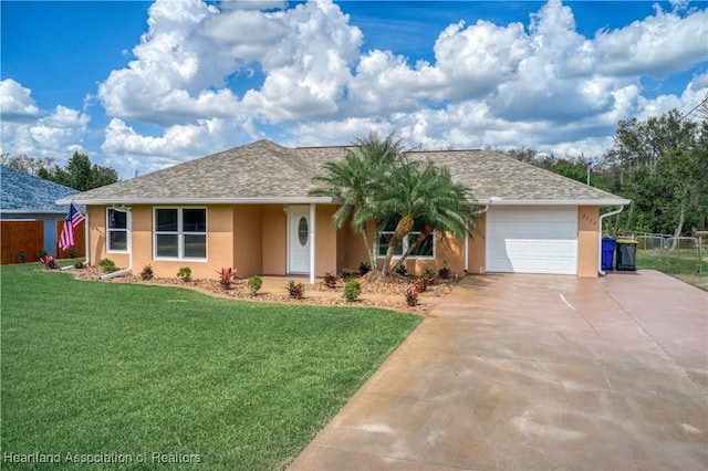 ranch-style home featuring a garage and a front yard