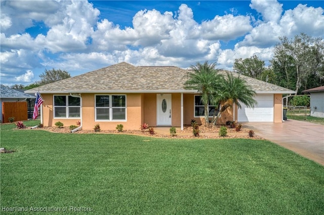 ranch-style house with a front yard and a garage