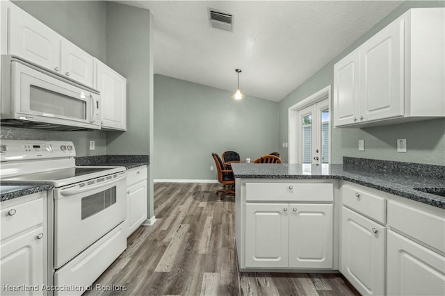 kitchen with kitchen peninsula, white cabinetry, pendant lighting, and white appliances