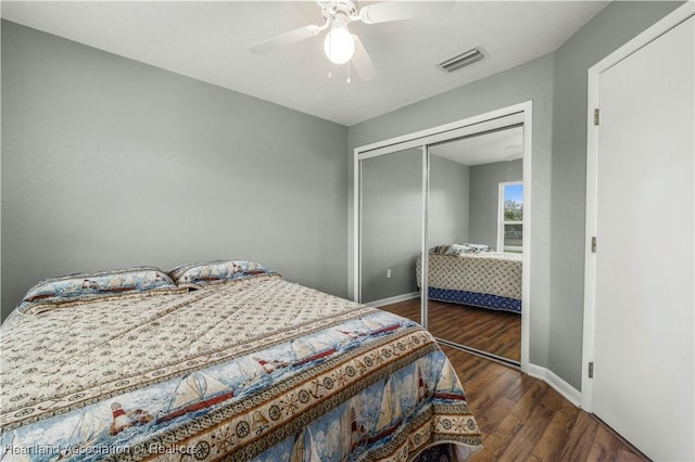 bedroom featuring dark hardwood / wood-style flooring, a closet, and ceiling fan