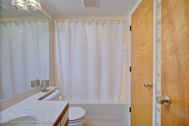 full bathroom with visible vents, shower / bath combo with shower curtain, toilet, and vanity