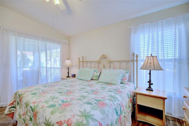 bedroom featuring lofted ceiling and ceiling fan