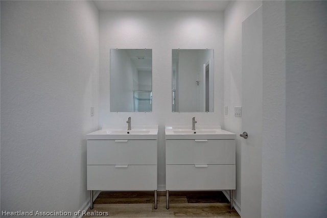 bathroom with hardwood / wood-style floors and vanity