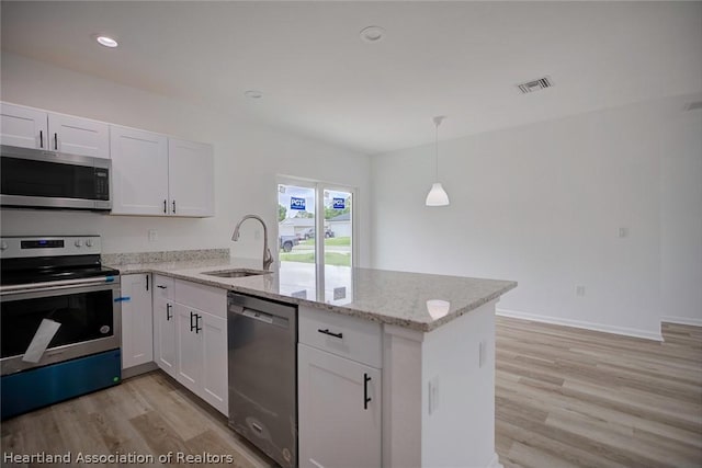 kitchen with kitchen peninsula, sink, white cabinetry, and stainless steel appliances