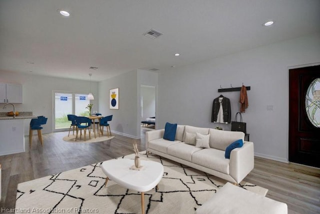 living room featuring light wood-type flooring and sink