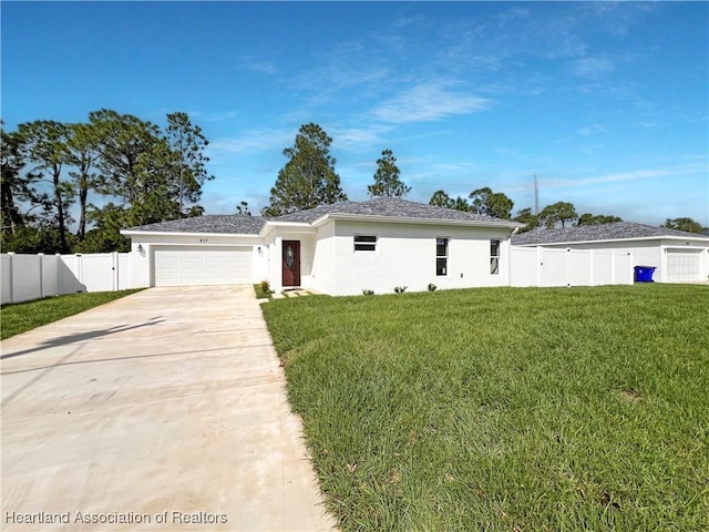 ranch-style home featuring a front yard and a garage